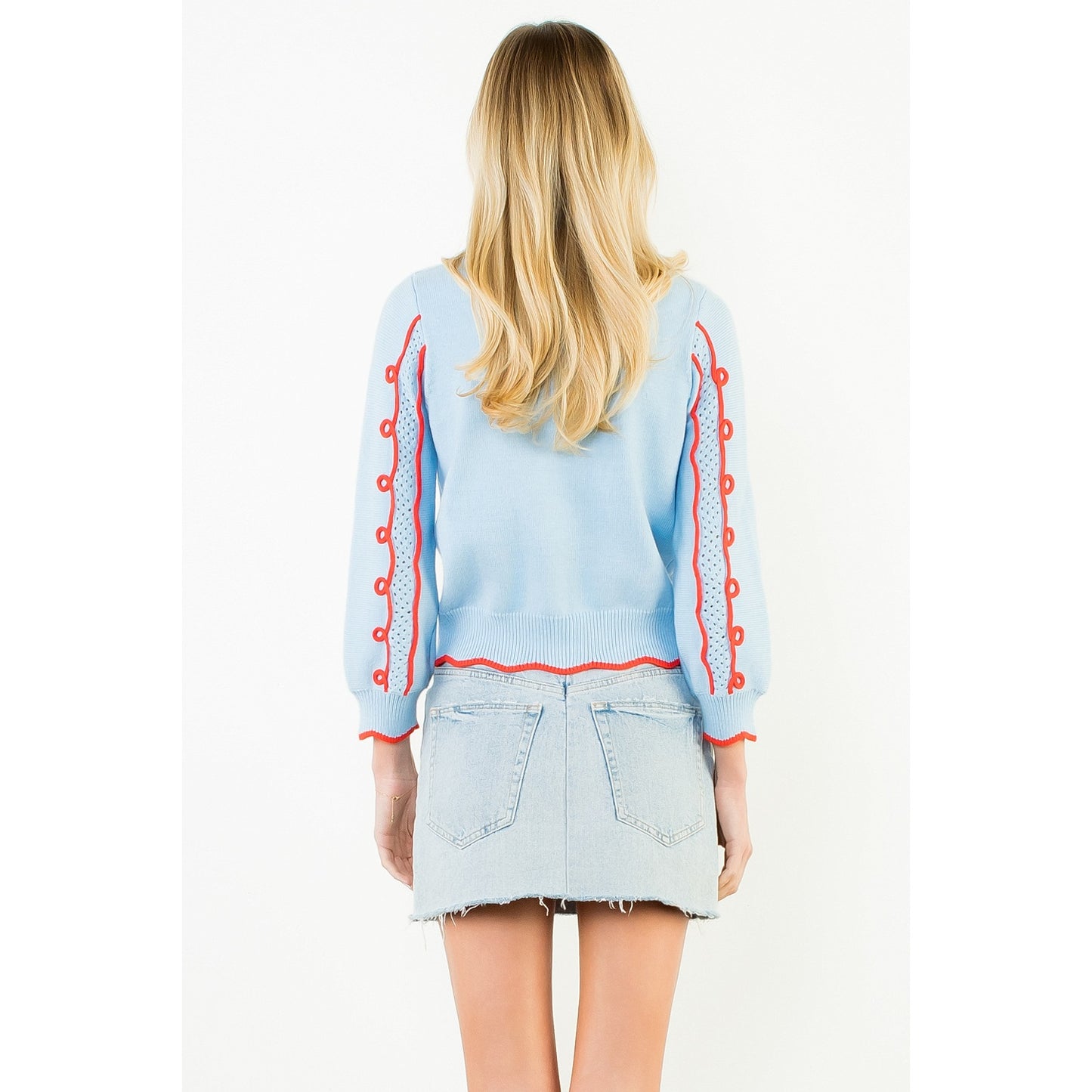 Long Sleeve Wavy Pattern Knitted Sweater - Blue
