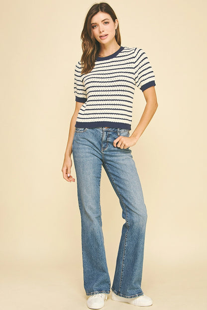 Stripe Textured Short Sleeve Sweater - Navy