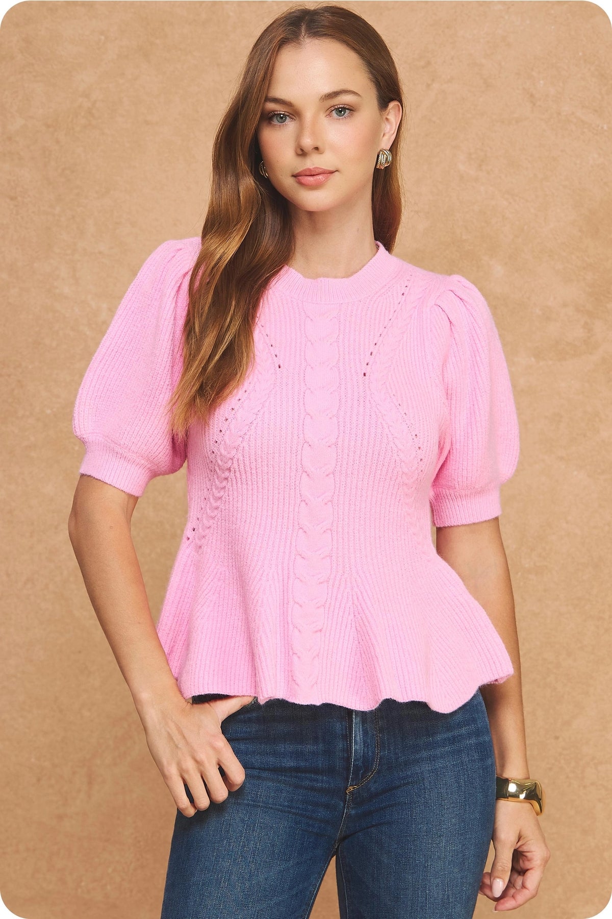 Flared Puff Sleeve Knit Top - Bubblegum Pink