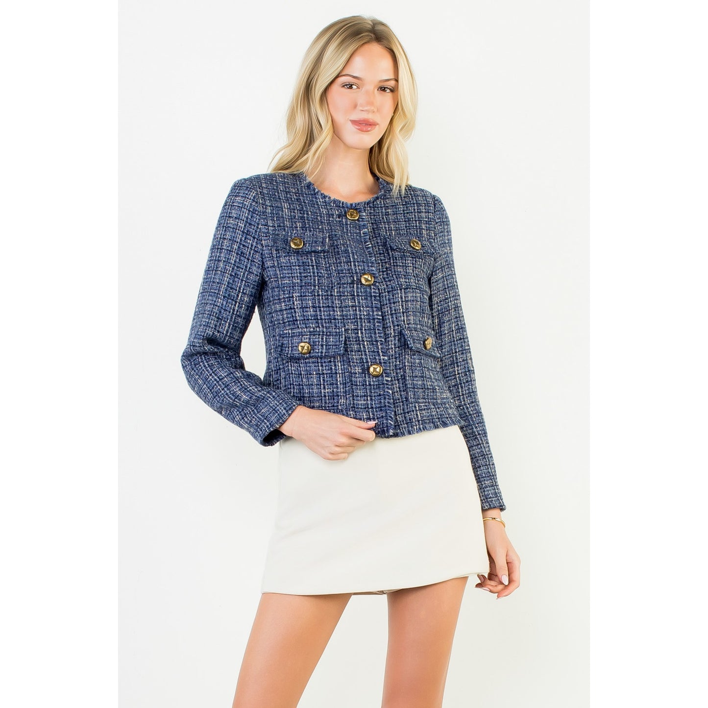 Fringe Hem Button Front Tweed Jacket - Navy