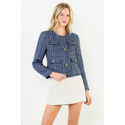 Fringe Hem Button Front Tweed Jacket - Navy
