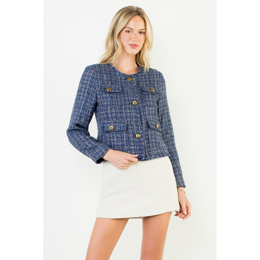 Fringe Hem Button Front Tweed Jacket - Navy