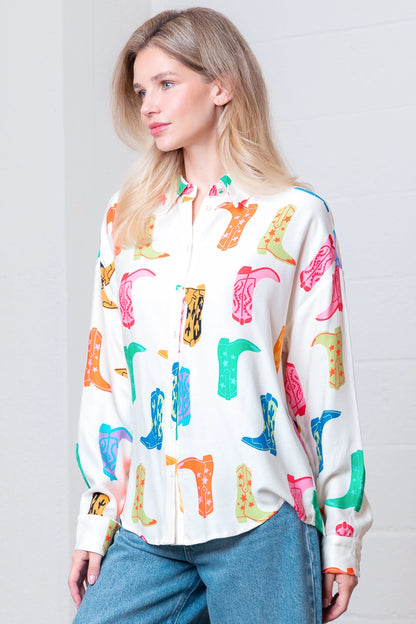 Printed Button Up Long Sleeve Top - Ivory Multi - Spinout