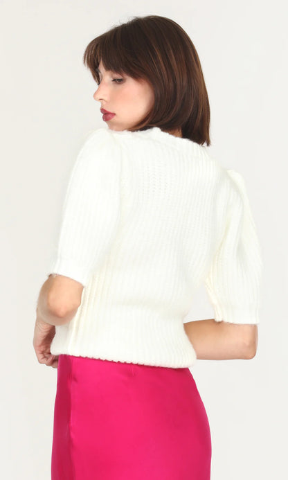 Greylin - Desi Puff Sleeve Cable Knit Cozyknit Top - White