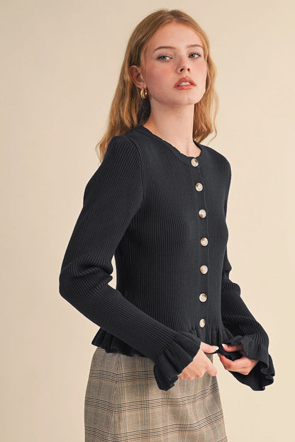 Ruffle Hem Ribbed Knit Sweater Cardigan - Black