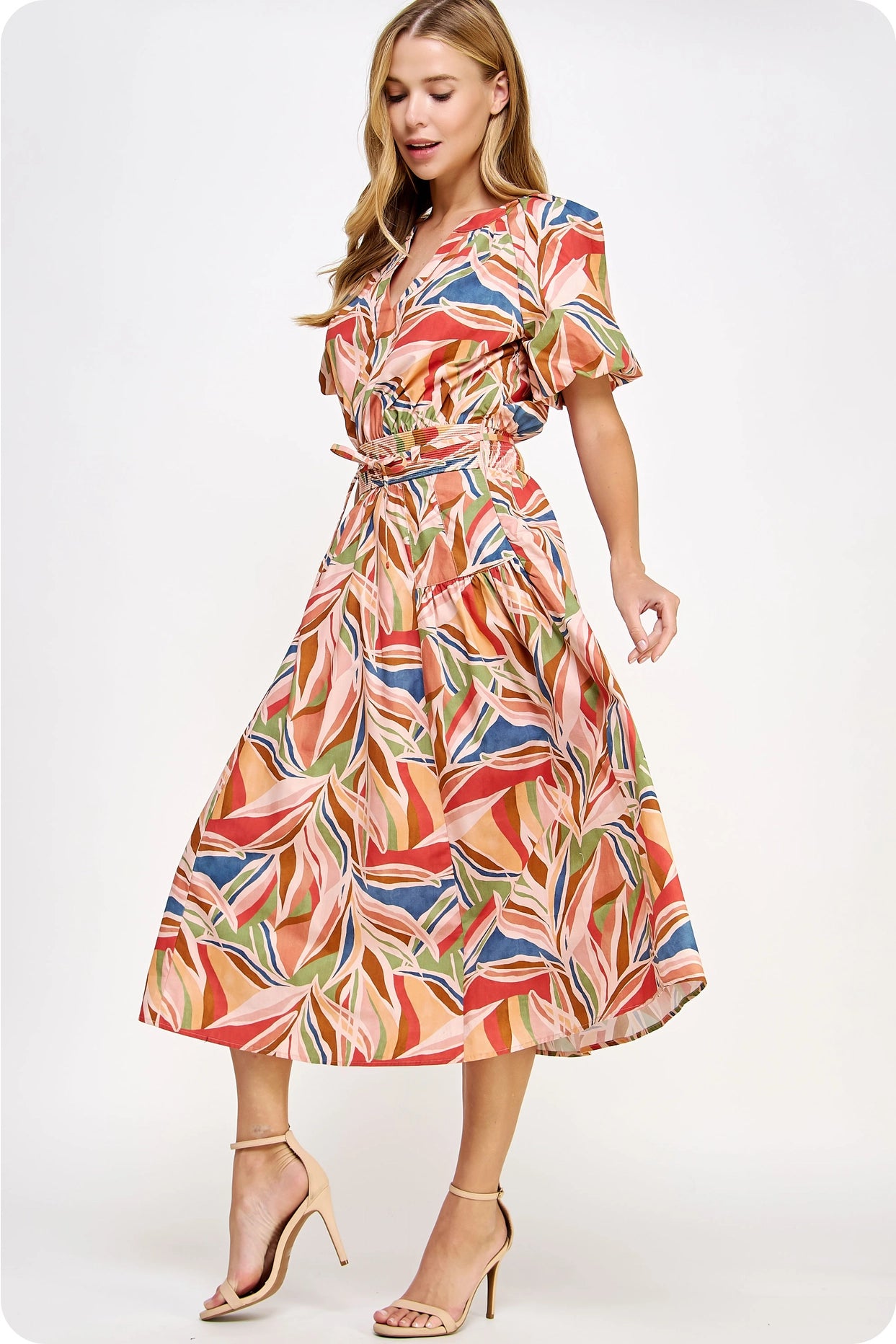 Puff Sleeve Print Midi Dress - Multi