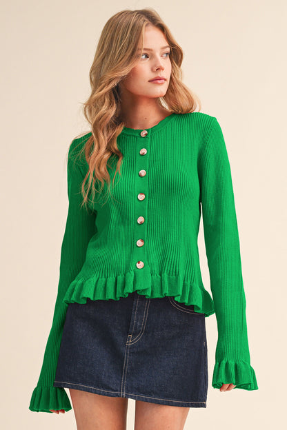 Ruffle Hem Ribbed Knit Sweater Cardigan - Kelly Green