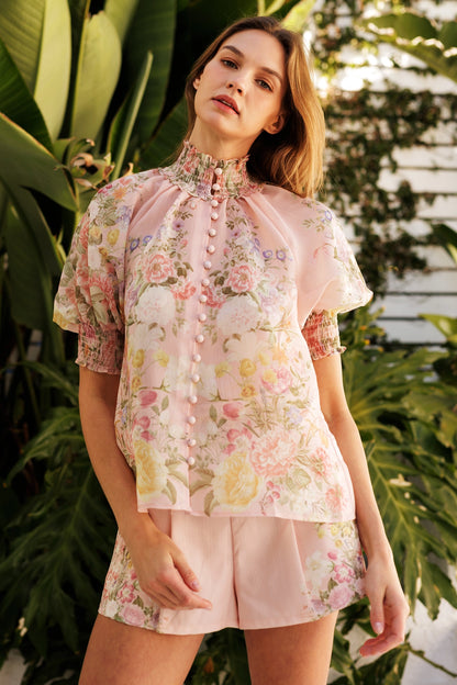 Floral Button Up Top and Short Set - Powder Pink Flower