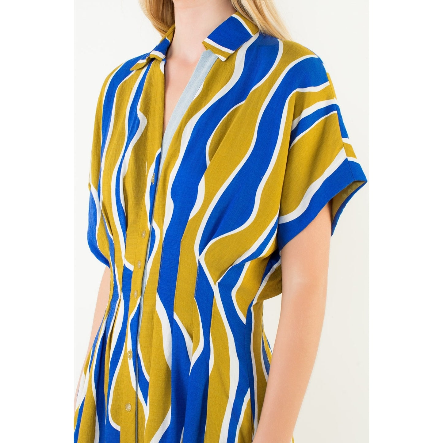 Short Sleeve Wavy Striped Pattern Dress - Olive