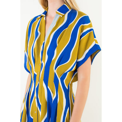 Short Sleeve Wavy Striped Pattern Dress - Olive