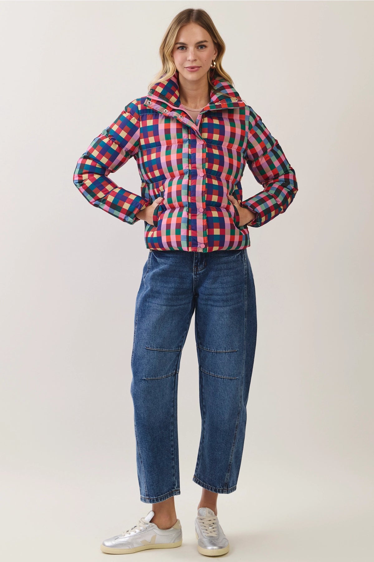 Multicolor Check Puffer Jacket - Pink