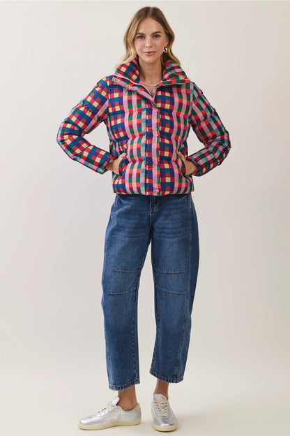 Multicolor Check Puffer Jacket - Pink