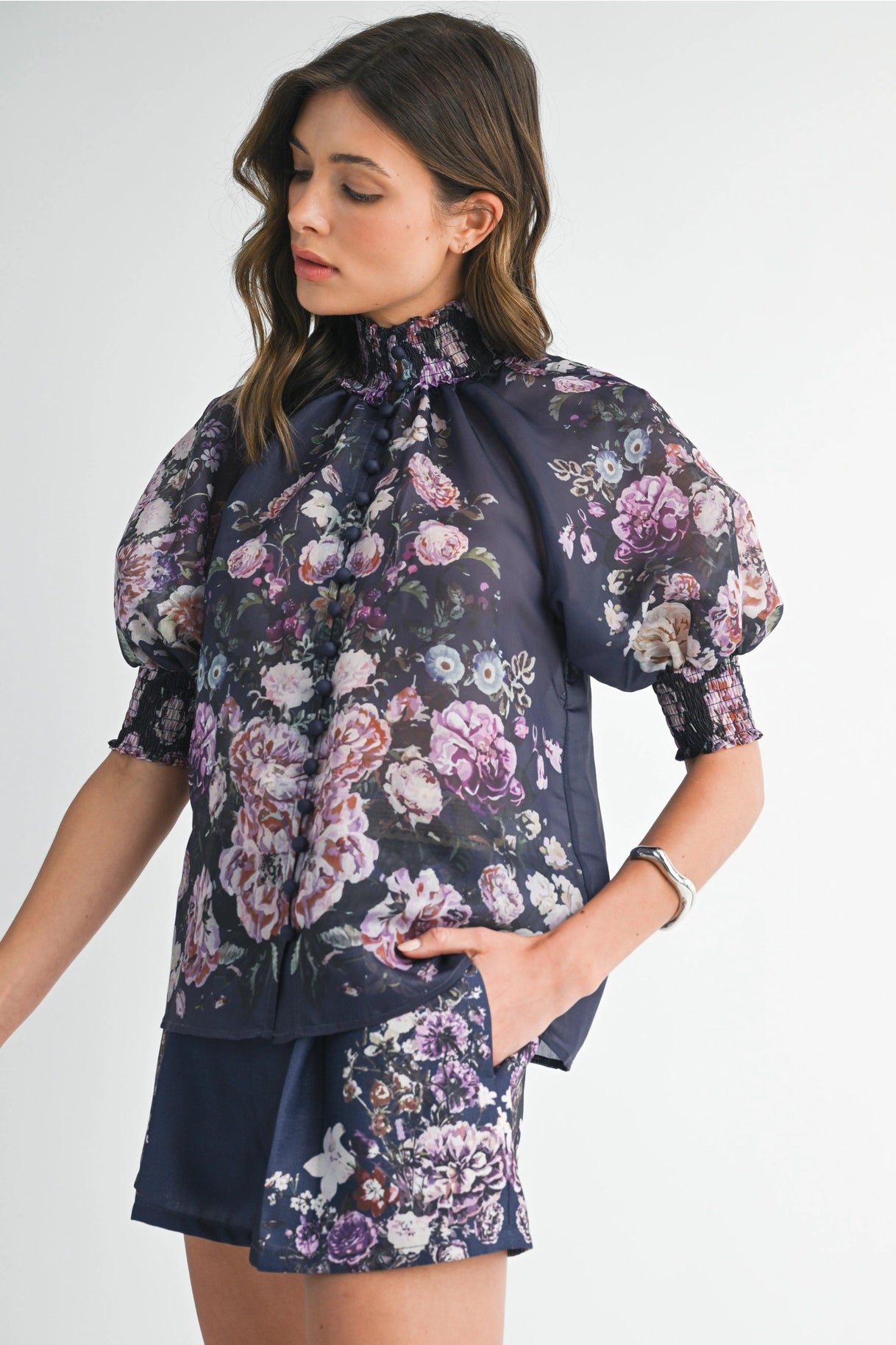 Floral Button Up Top and Short Set - Navy Flower