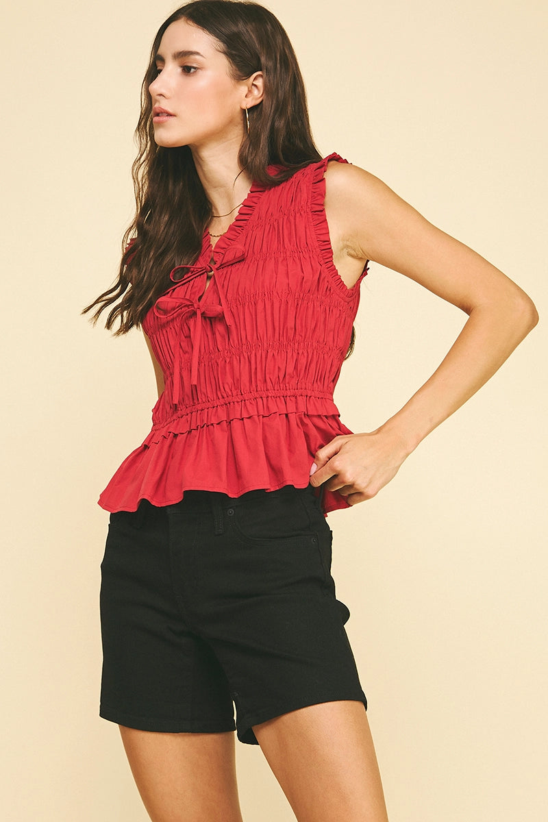 Front-Tie Detailed Smocking Top - Red