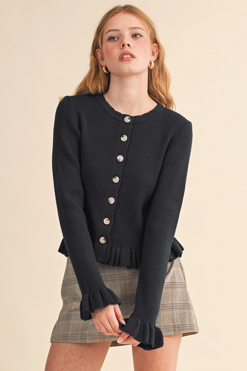 Ruffle Hem Ribbed Knit Sweater Cardigan - Black
