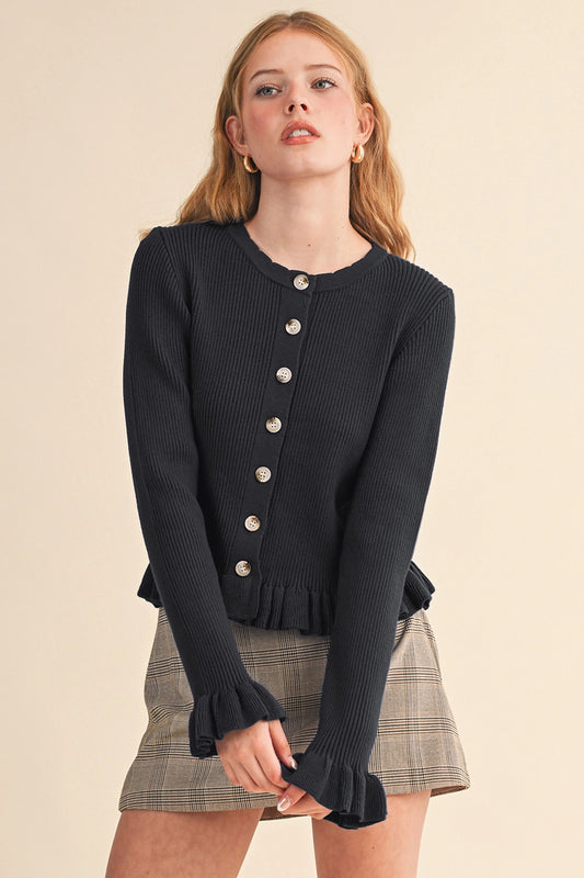 Ruffle Hem Ribbed Knit Sweater Cardigan - Black