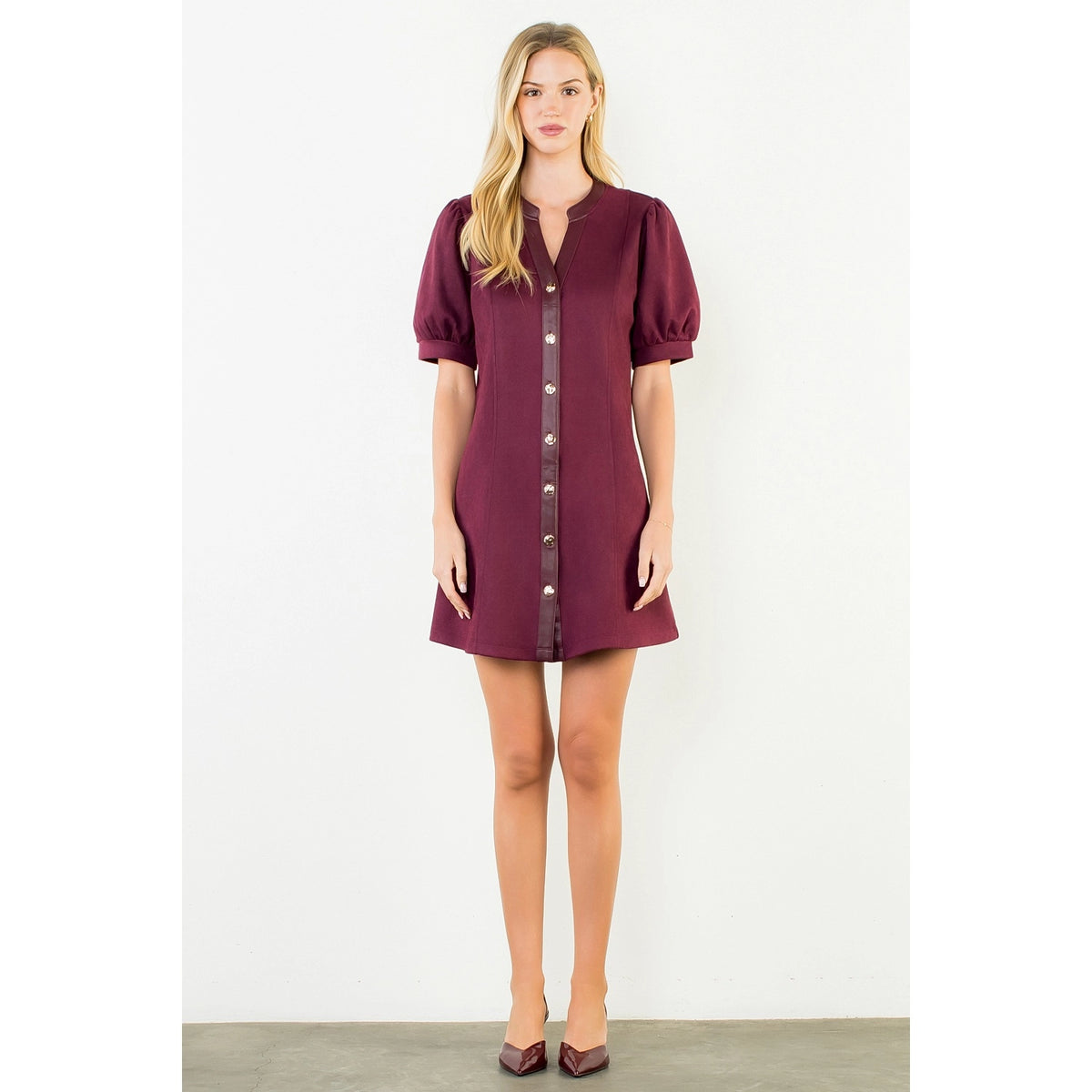 Suede Short Dress with Gold Buttons - Burgundy