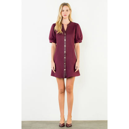 Suede Short Dress with Gold Buttons - Burgundy