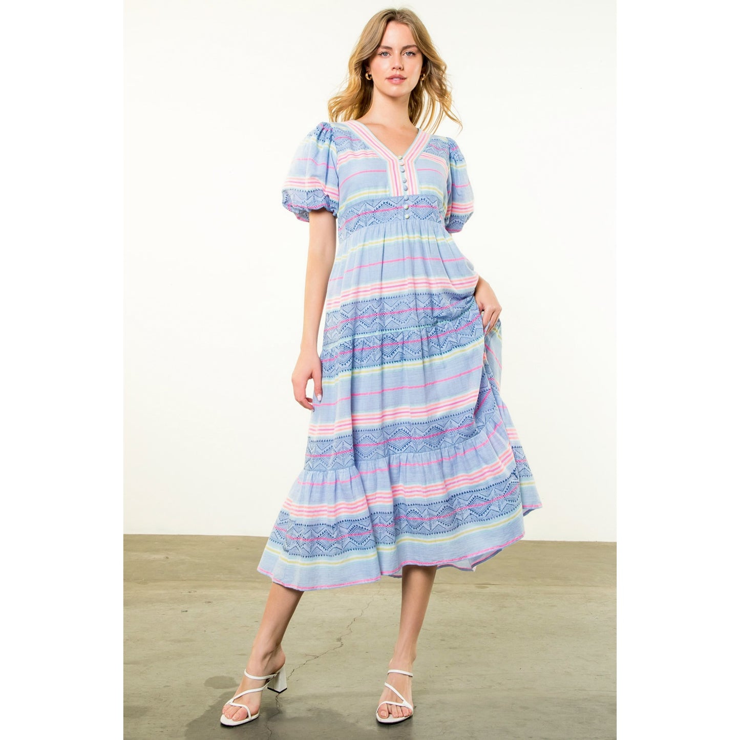 THML - Puff Sleeve Pattern Dress - Blue