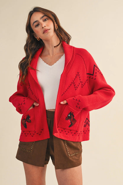 Horse Knit Sweater Cardigan - Red