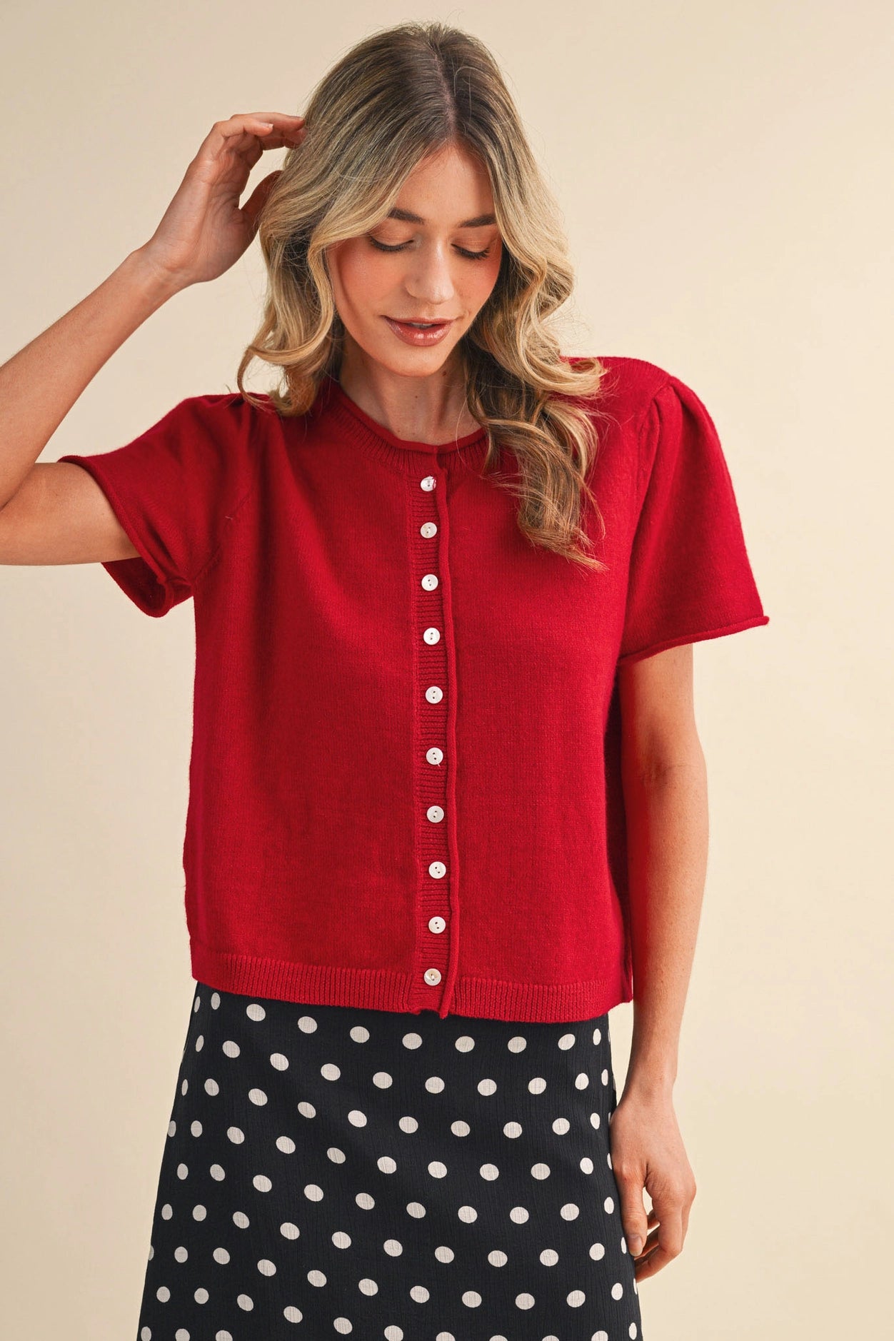Short Sleeve Sweater Cardigan - Red