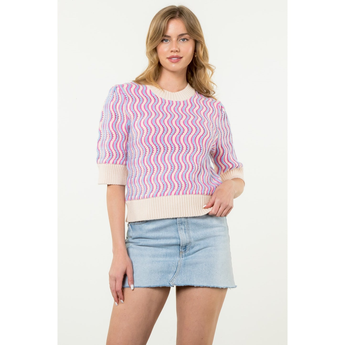 THML - Short Sleeve Pattern Knit Top - Pink