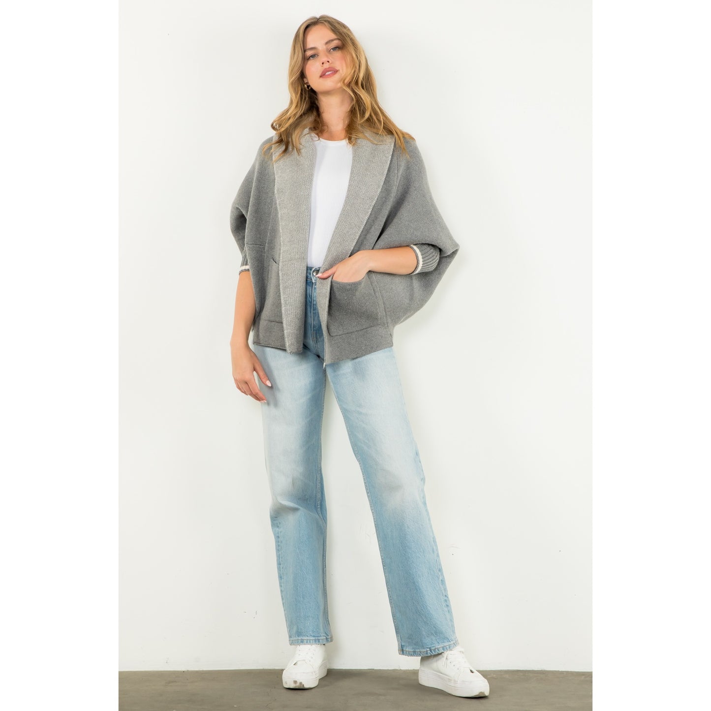 THML - Solid Knit Heart Cardigan - Heather Grey