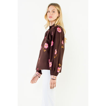 Long Sleeve Floral Top with Pattern Cuffs - Brown