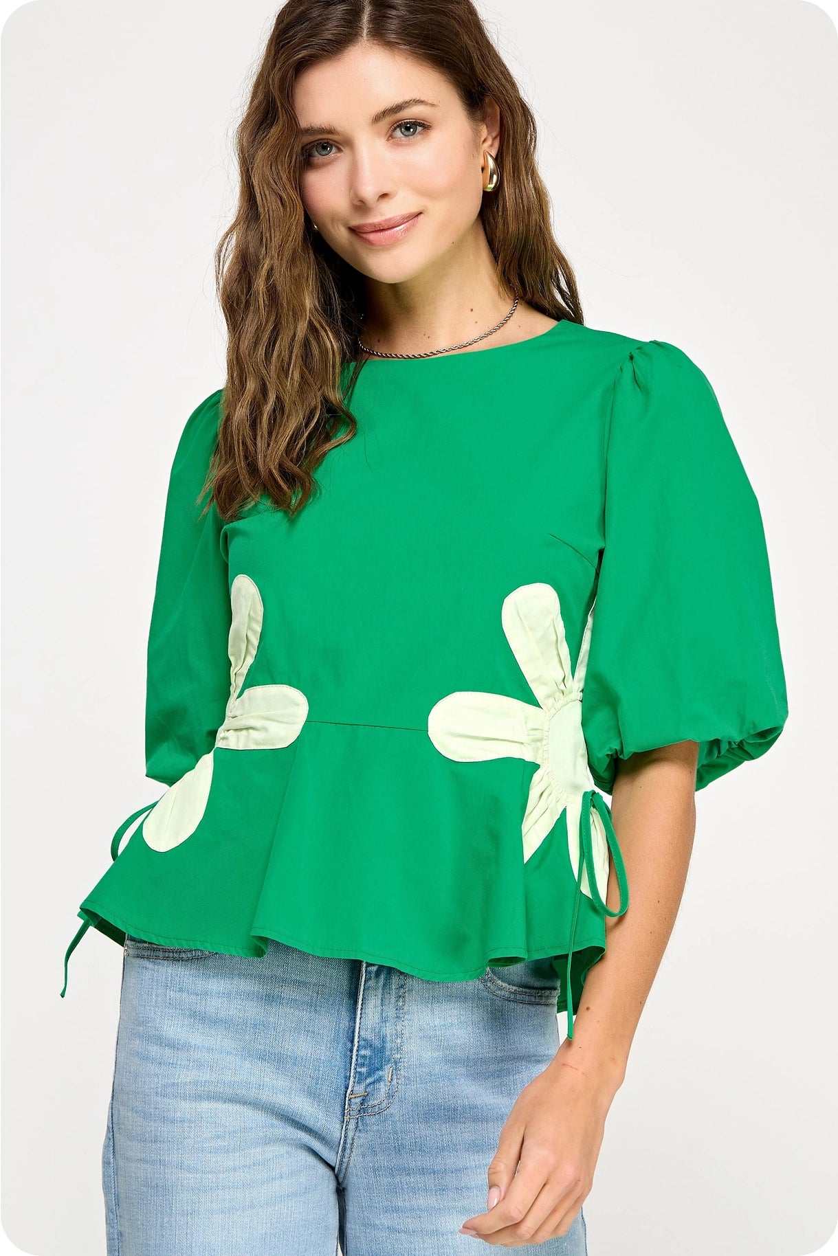 Flower Color-Block Poplin Top - Emerald/Light Lime
