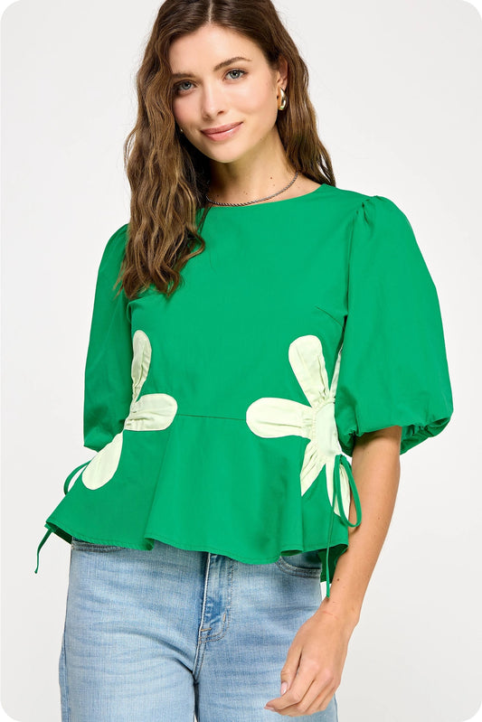 Flower Color-Block Poplin Top - Emerald/Light Lime