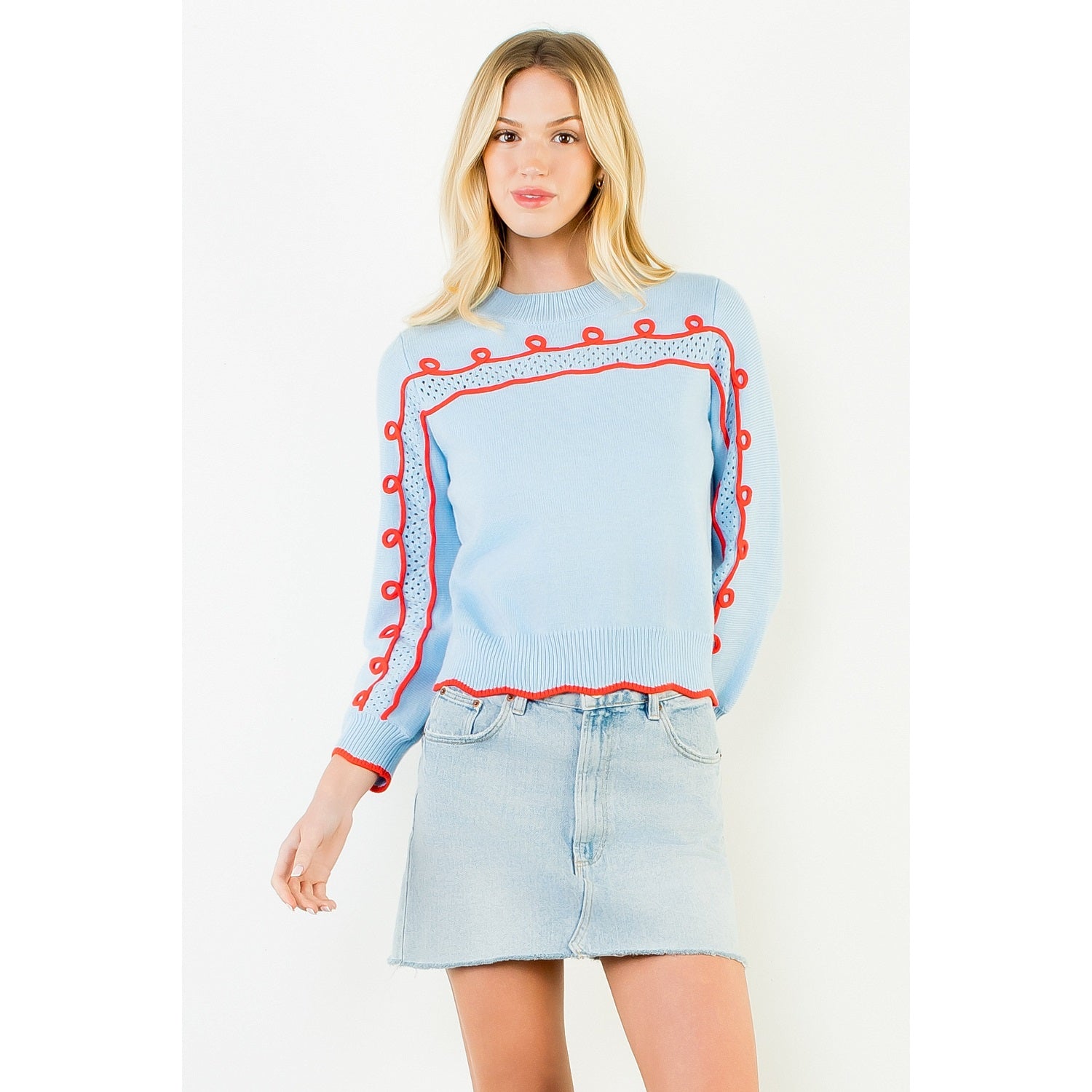 Long Sleeve Wavy Pattern Knitted Sweater - Blue