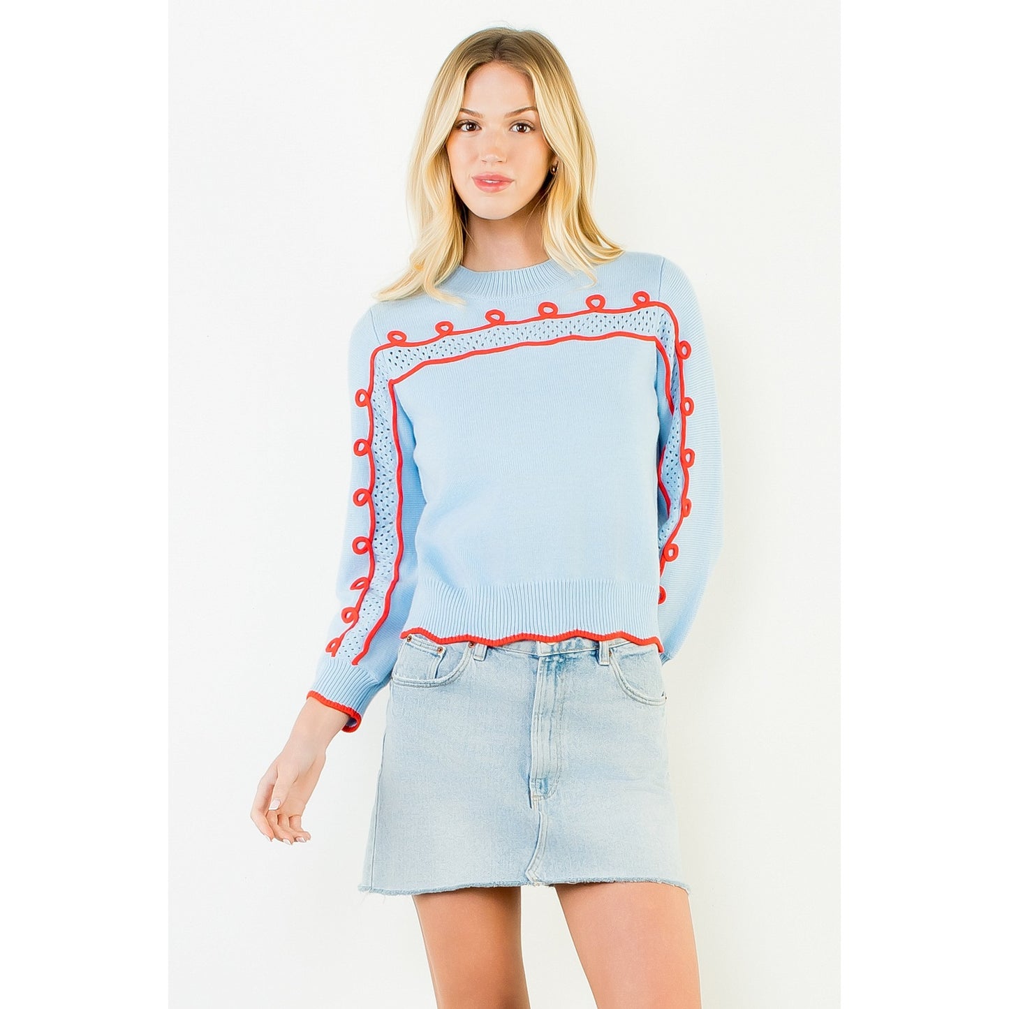Long Sleeve Wavy Pattern Knitted Sweater - Blue