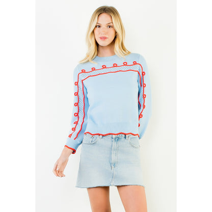 Long Sleeve Wavy Pattern Knitted Sweater - Blue