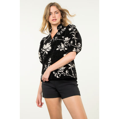 THML - Chenille Puff Sleeve Top - Black