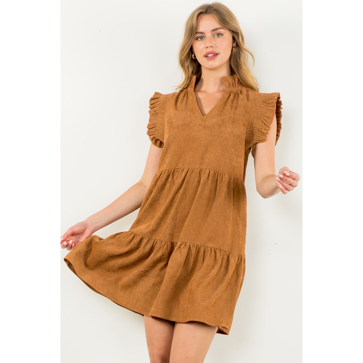 THML - Flutter Sleeve Corduroy Midi Dress - Camel