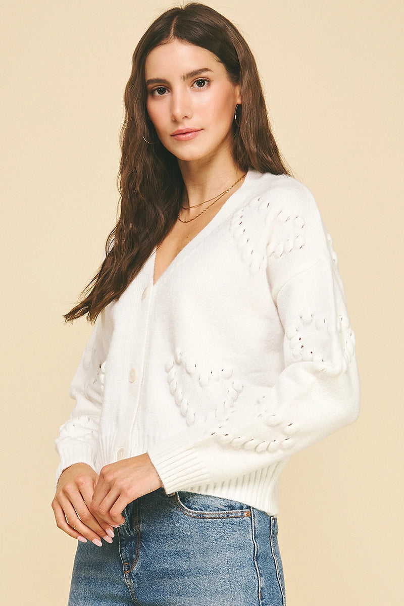 Heart Embroidered Knit Cardigan - White