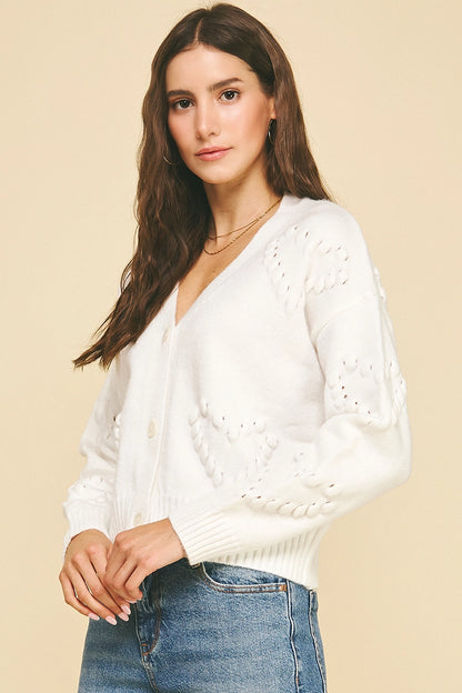 Heart Embroidered Knit Cardigan - White