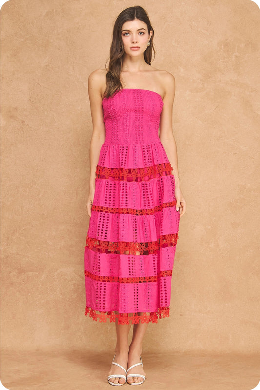 Color Block Smocked Eyelet Tube Midi Dress - Fuchsia/Red