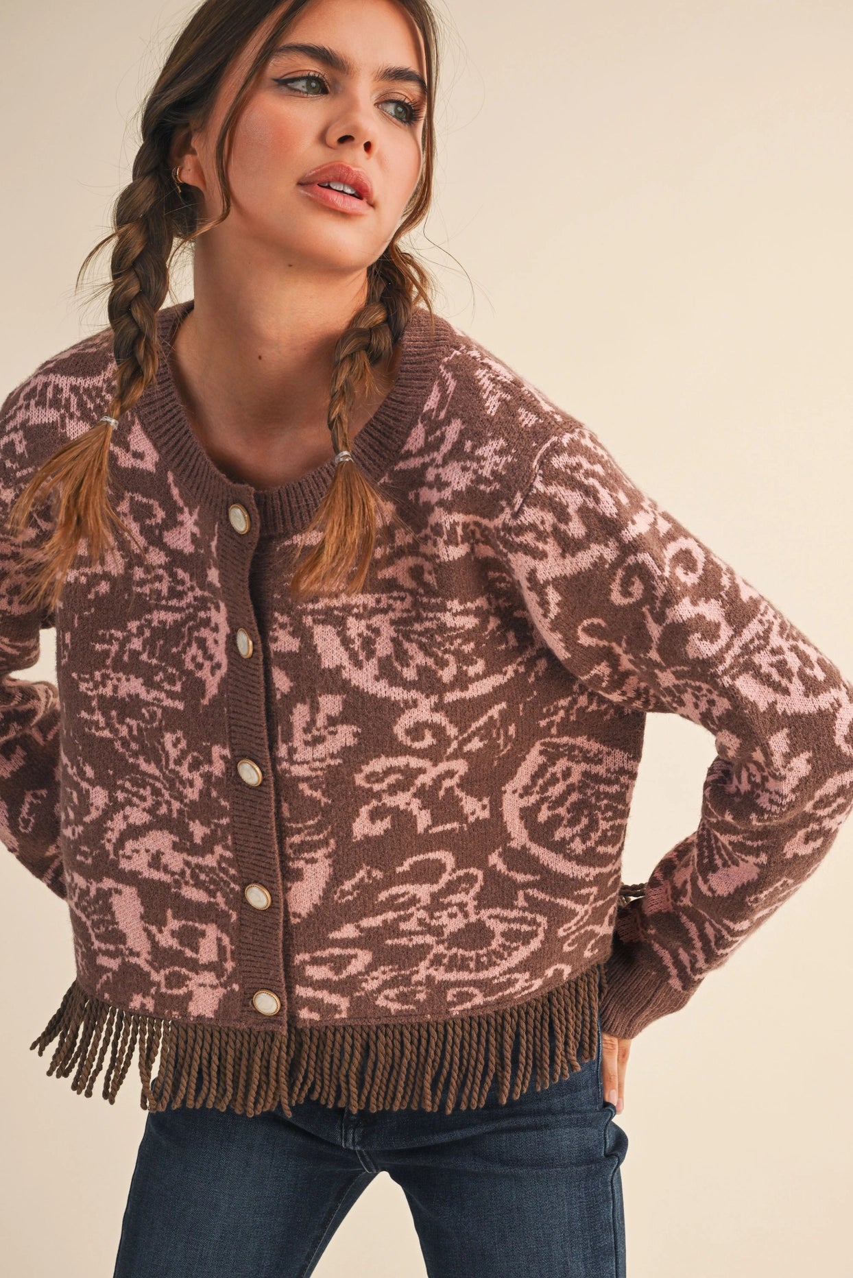 Floral Knit Fringed Sweater Cardigan - Mocha Pink