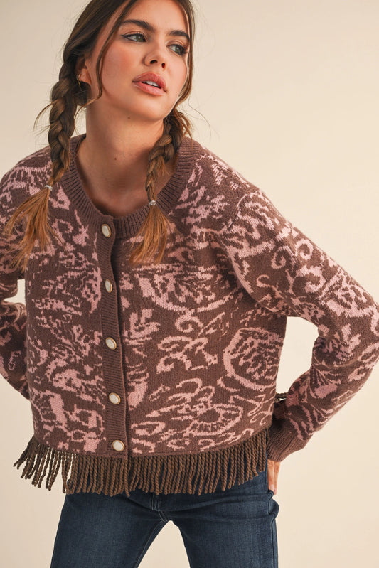 Floral Knit Fringed Sweater Cardigan - Mocha Pink