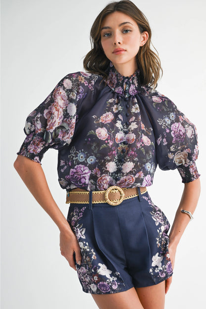 Floral Button Up Top and Short Set - Navy Flower