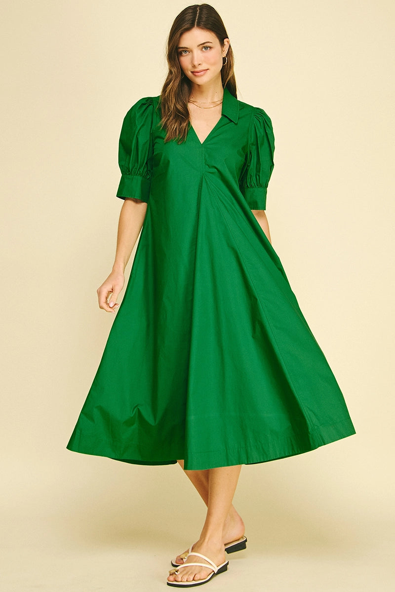V-Neck Pleated A-Line Dress - Grass Green