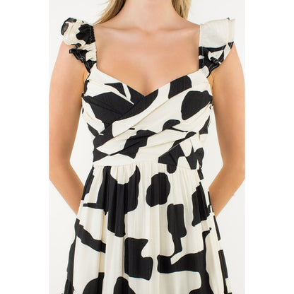 THML - Ruffle Strap Abstract Print Maxi Dress - Black