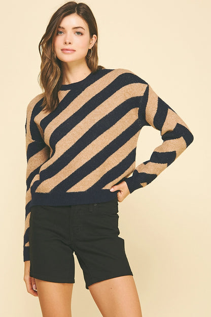 Diagonal Stripe Knit Sweater - Navy/Taupe