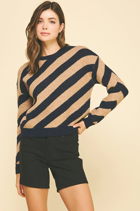 Diagonal Stripe Knit Sweater - Navy/Taupe