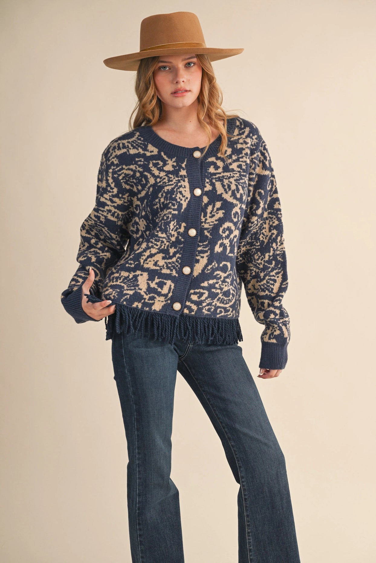 Floral Knit Fringed Sweater Cardigan - Navy Taupe