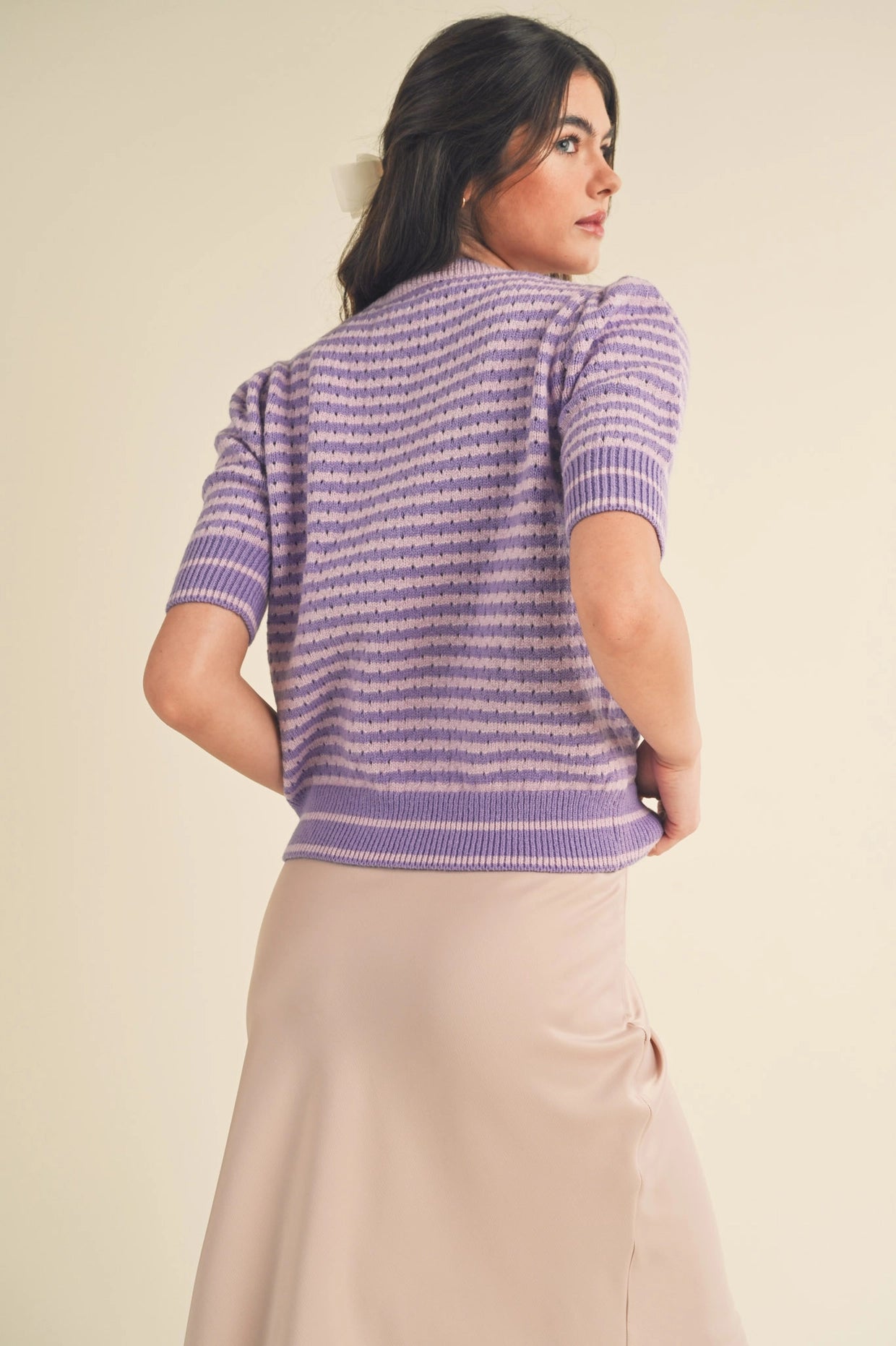 Striped Pointelle Knit Puff Sleeve Sweater - Pink Lavender