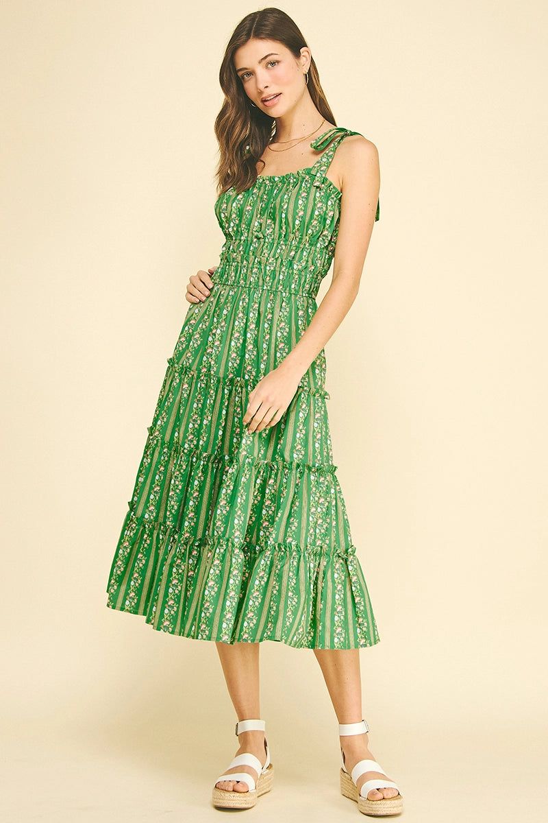 Floral Tiered Midi Dress - Green