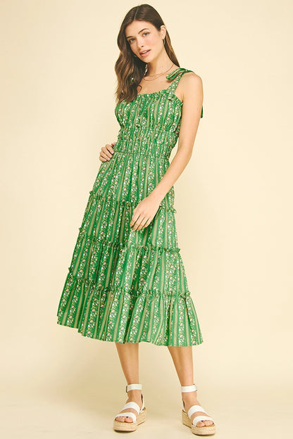 Floral Tiered Midi Dress - Green