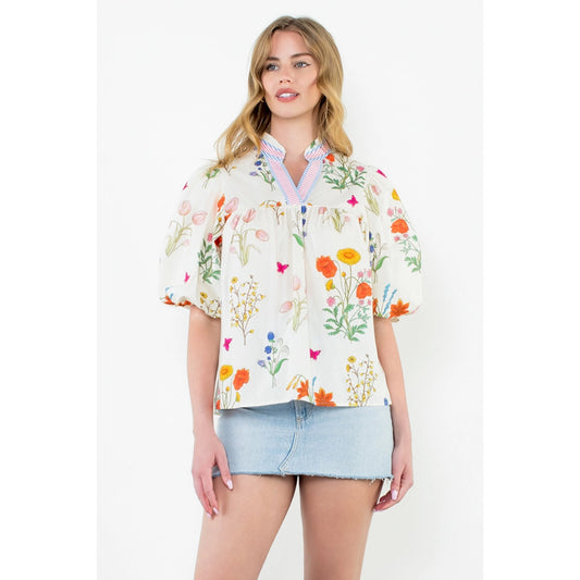 THML - Puff Sleeve Floral Top - Cream